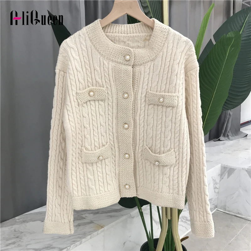

Fall Winter Women Black Knitted Pockets Sweater Cardigans Coat Female Long Sleeve Singel Breated Casual Cropped Tops Coats
