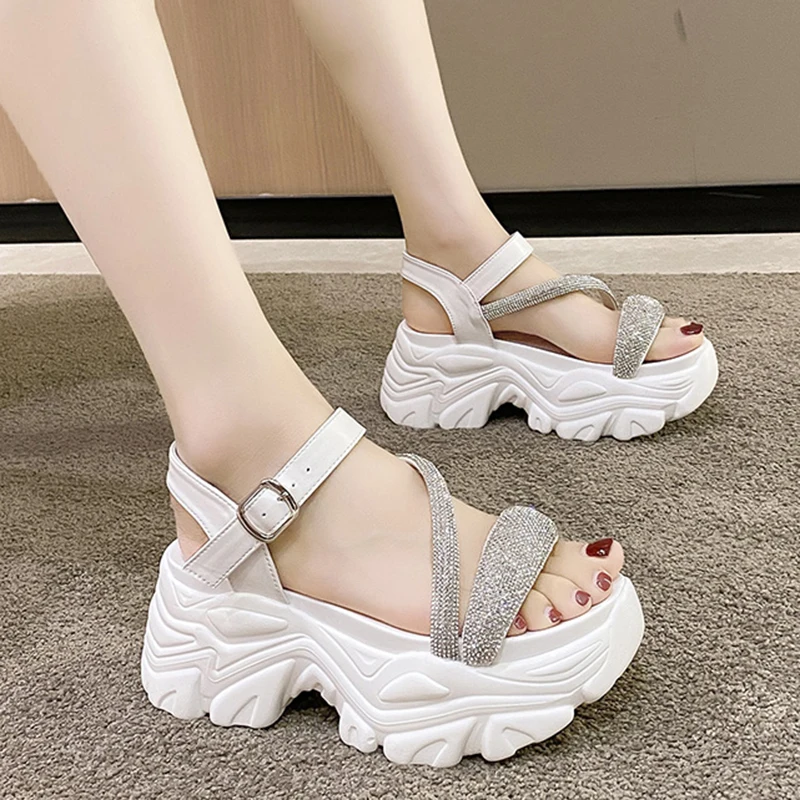 

Crystal Strap Platform Sandals for Women Wedges High Heels White Sandals Woman Summer Thick Bottom Beach Shoes Chaussures Femme