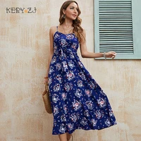 keby zj womens dress summer vestidos clothes floral print blue sleeveless midi dress elegant casual slip dresses for party 2022