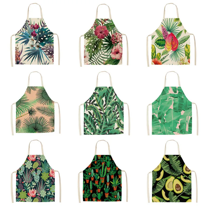 

kitchen Apron for Woman Men Kid Leaves Sleeveless Cotton Linen Cooking Cleaning Flower Aprons Cactus Print Aprons 66x47cm