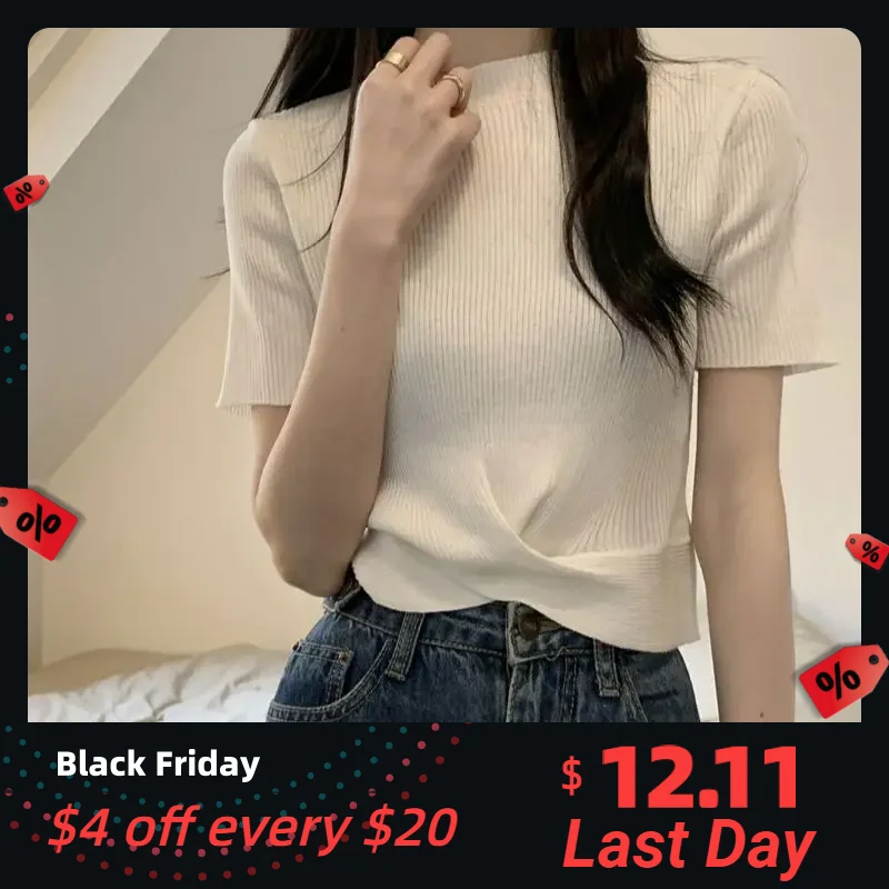

Yasuk Summer Fashion Casual Female Women's Short Sleeve Tees Top Simple Solid Short Ruffle Showing Tummy Knitted Pullover