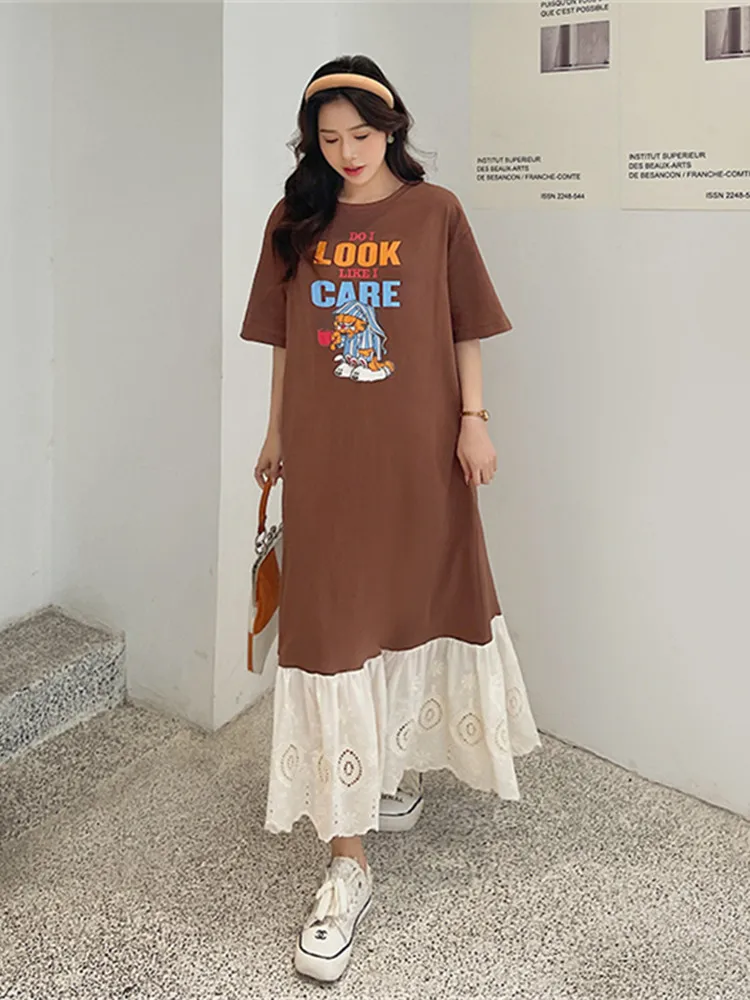 

Женское длинное трикотажное платье, платье большого размера с коротким рукавом и кружевной вышивкой на подоле, Новинка лета 2023