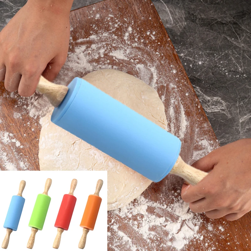 

Silicone Non-Stick Rolling Pin With Wooden Handle Cookie Dough Pasta Baking Kitchen Tool Children's Rolling Pin Roller Flour