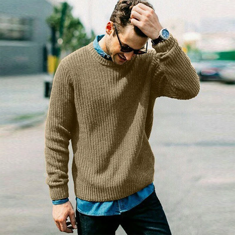 

Autumn Men Knit Sweater Solid Long Sleeve Crew Neck Pullovers Knitting Clothing Mens Winter Warm Jumper Fashion Loose Streetwear