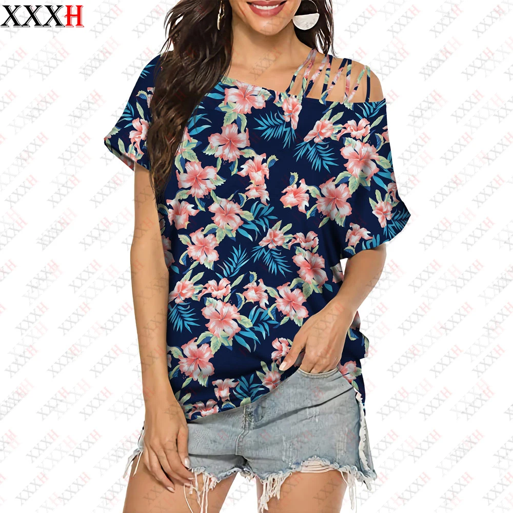 

Женская футболка с коротким рукавом и открытыми плечами, с гавайским принтом