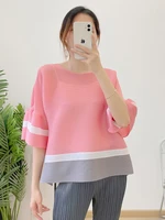 loose patchwork contrasting colors t shirt women o neck short sleeve pleated tops fashion trend 2022 summer new female