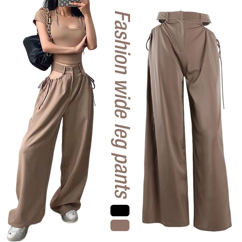 

Khaki Drawstring Sexy Hollow Out Wide Leg Trousers Street Trend New Fashion Women Summer High Waist Loose Thin Casual Mop Pant