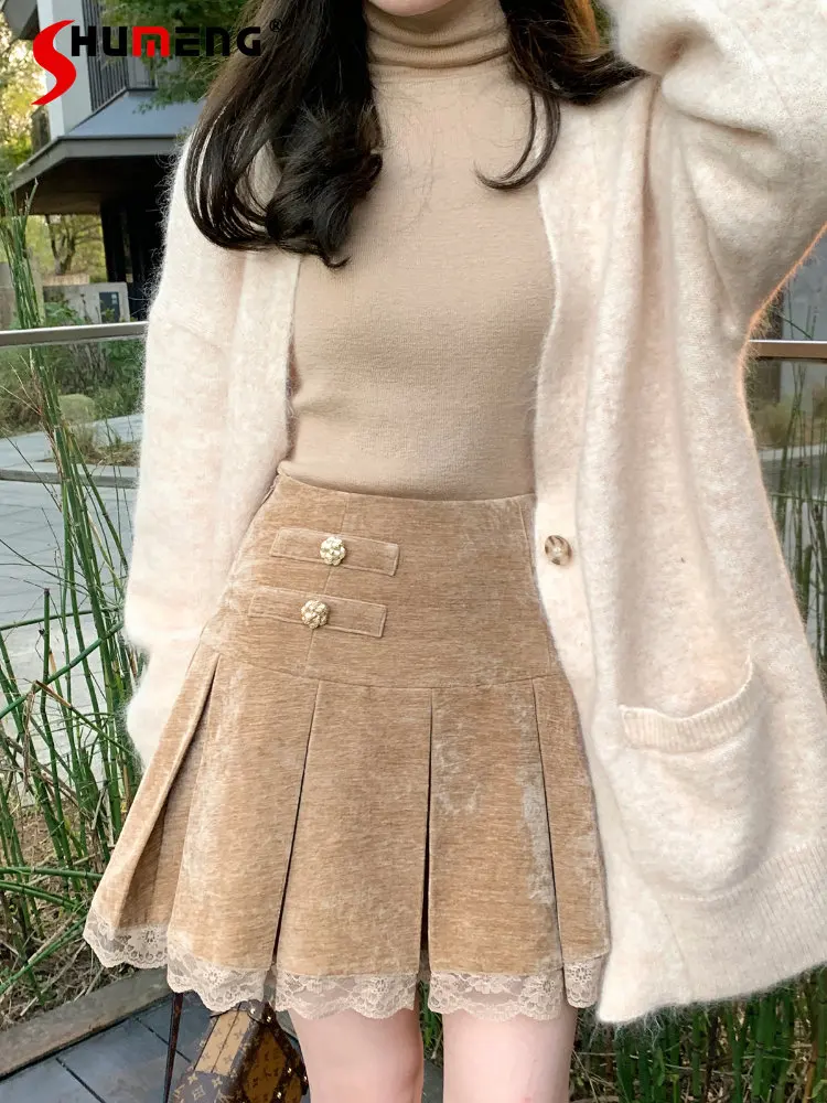 Retro Original Kawaii High Waist Chenille Thickened Pleated Skirt 2022 Women's Winter New Sweet A- Line Mini Skirts for Women