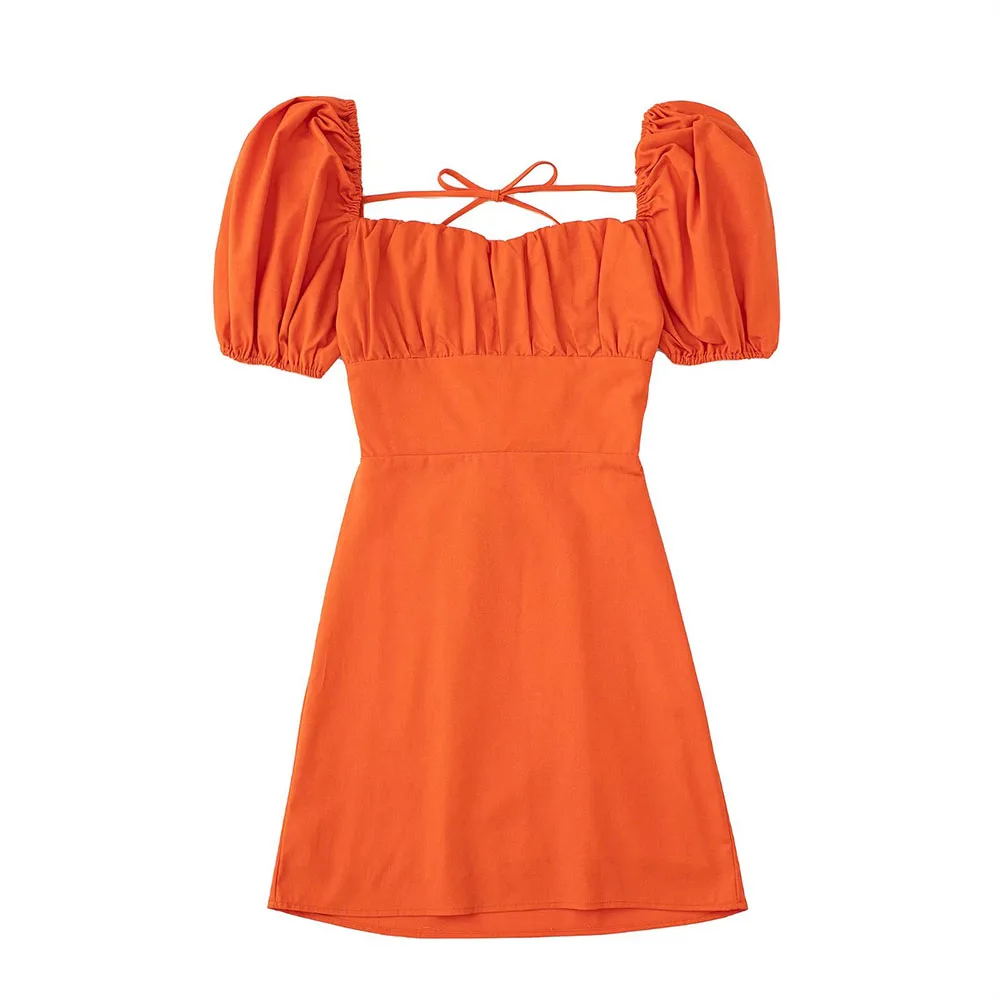 

Женское льняное платье, винтажное платье с открытой спиной, квадратным вырезом, пышными рукавами, молнией на спине и высокой талией, 2022