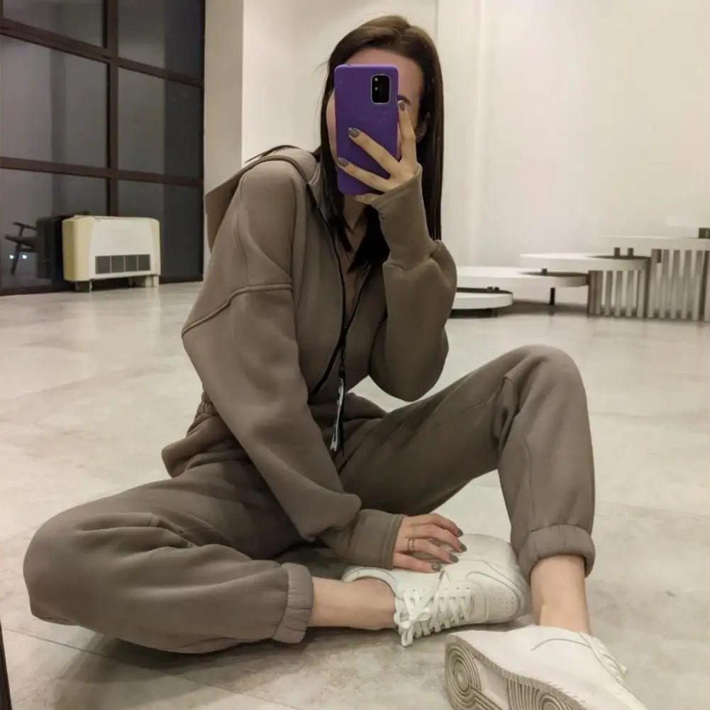 

Women Jumpsuit Zipper Long Sleeves Solid Color Hooded Thick Keep Warm Ankle Banded Sporty Winter Jumpsuit for Sports
