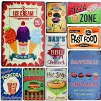 vintage metal tin signs dad bbq hamburger hot dog pizze fries cupcake ice cream fast food wall decor for kitchen cafe diner
