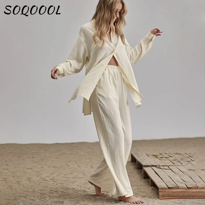 

Elegant Loose 2 Pieces Set Women Shirt Trouser Suits Long Sleeve Lapel Shirts And High Wasit Wide Pants Fashion Office Outfits