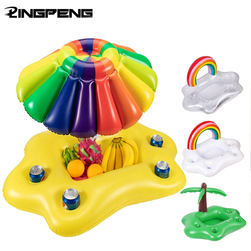 

Inflatable Cup Holder Drink and Fruit Stand Large Capacity Four Hole Water Floating Rainbow Clouds with Sequins Coconut Tree