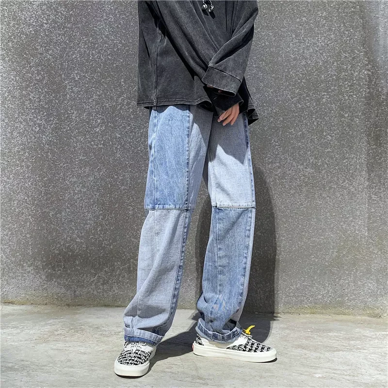 2022New Style Fashion Men's Denim Wide-leg Pants 2021 New Autumn Loose Straight-leg Jeans Paneled Denim Trousers Male
