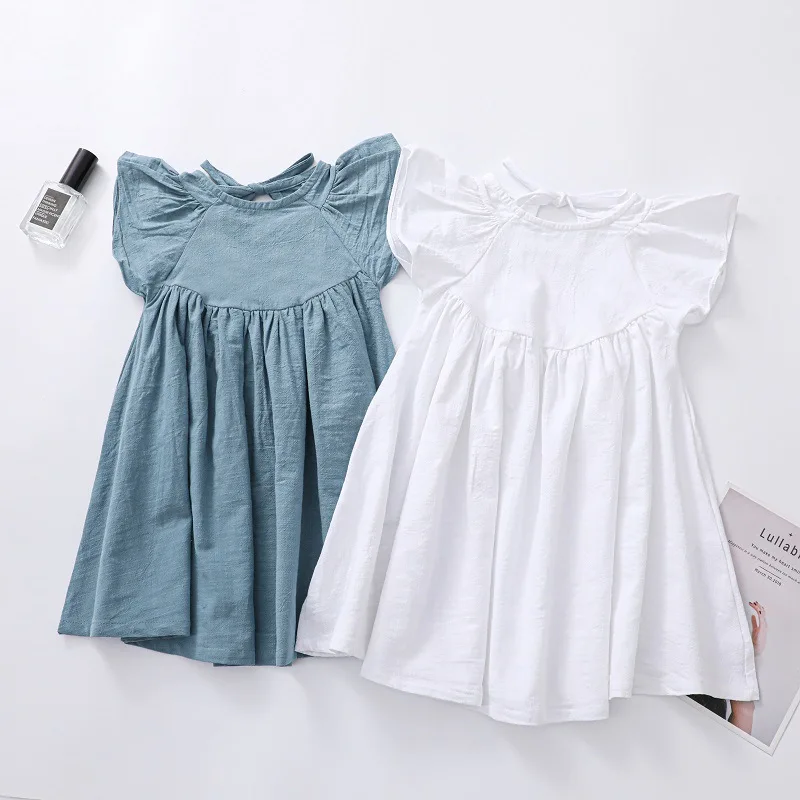

Solid color lace-up dress girls summer and autumn cotton and linen princess dress one-piece dress children's dress girl's dress