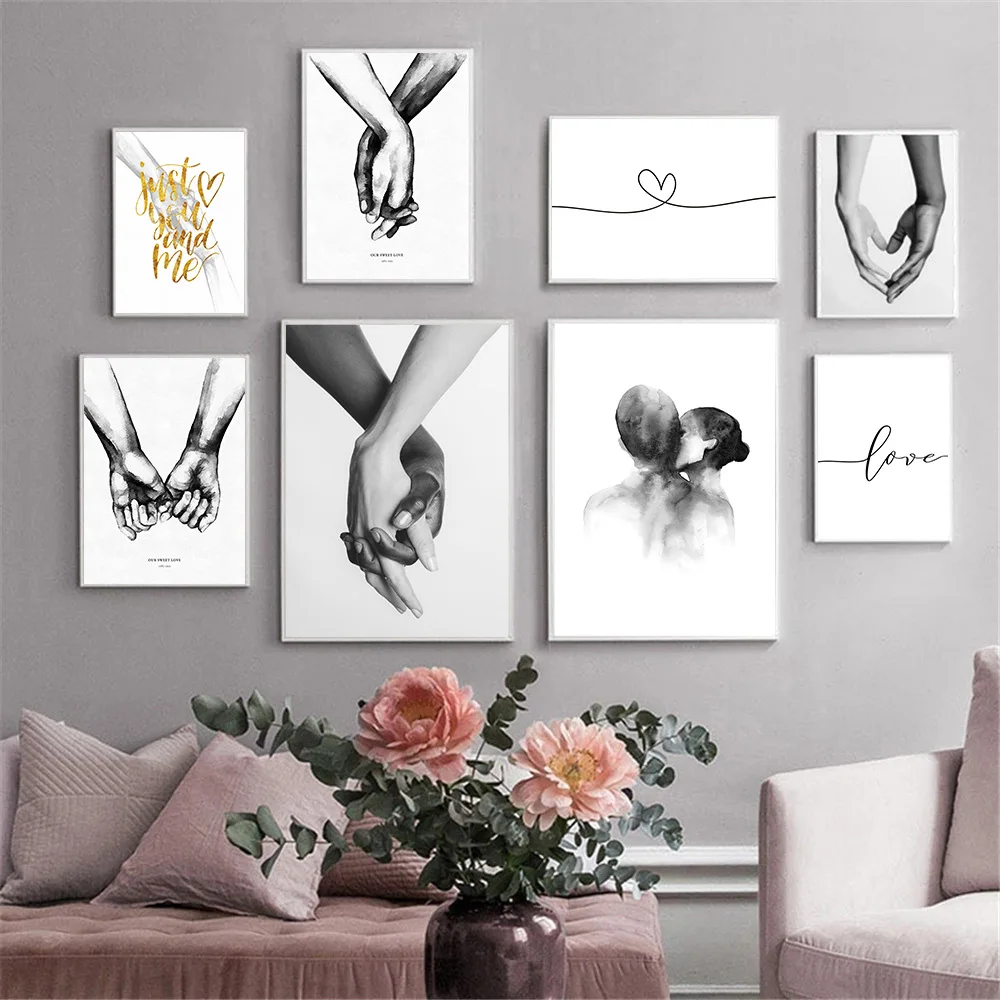 

Black White Holding Hands Print Shoulder Kiss Canvas Poster Abstract Line Painting Minimalist Wall Pictures Living Room Decor