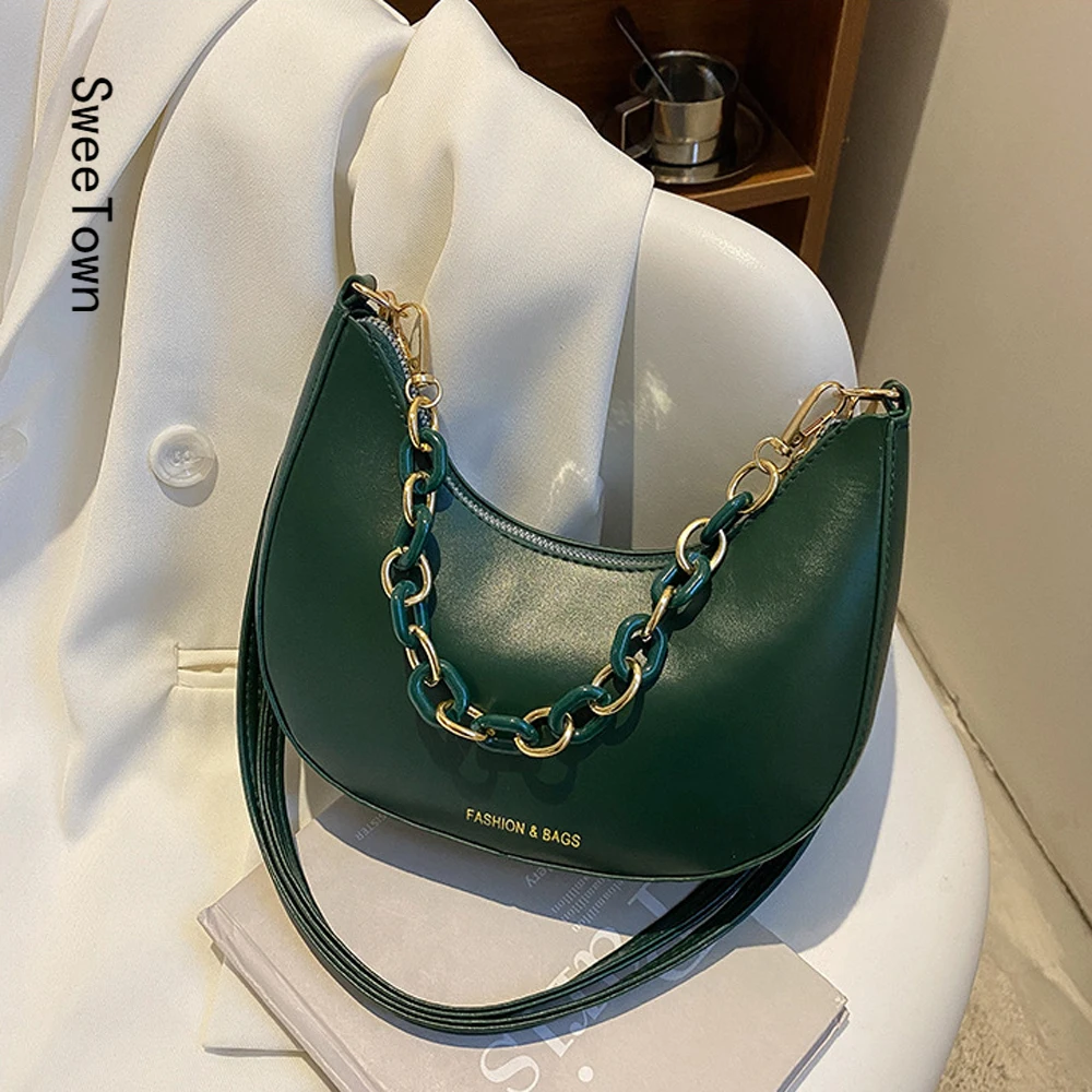 

Sweetown Dumpling Bag Women 2022 New Fashion Vintage Simple Acrylic Chain Underarm Bag Women's Shoulder Messenger Bag