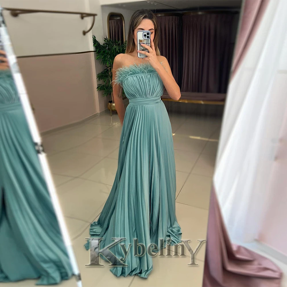 

Kybeliny Simple Prom Dresses 2023 For Women Feather Strapless A-line Pleat Evening Gowns Vestidos De Fiesta Party Made To Order