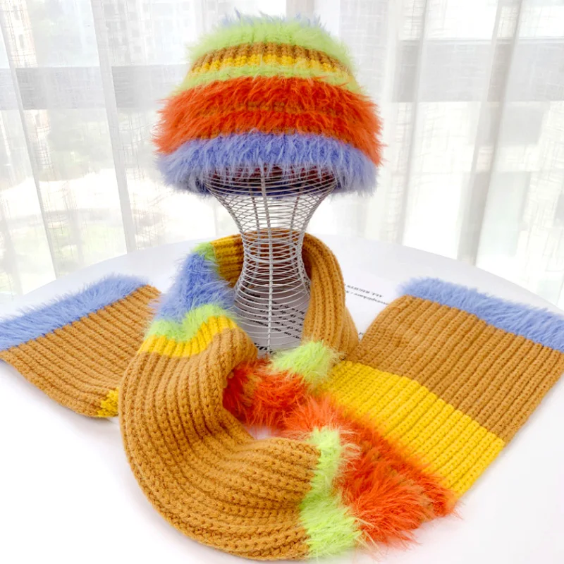 

2023 Women Rainbow Plush Hat Scarf Winter Cute Female Imitation Mink Hair Punk Stripe Fisherman's Hat Warm Outdoor Hat