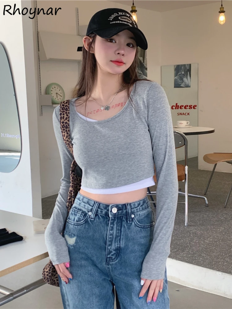 

Fake 2 Pieces Long Sleeve T-shirts Women Streetwear Crop Tops Slim Sexy Design Tender Females Aesthetic Stylish Korean Style New