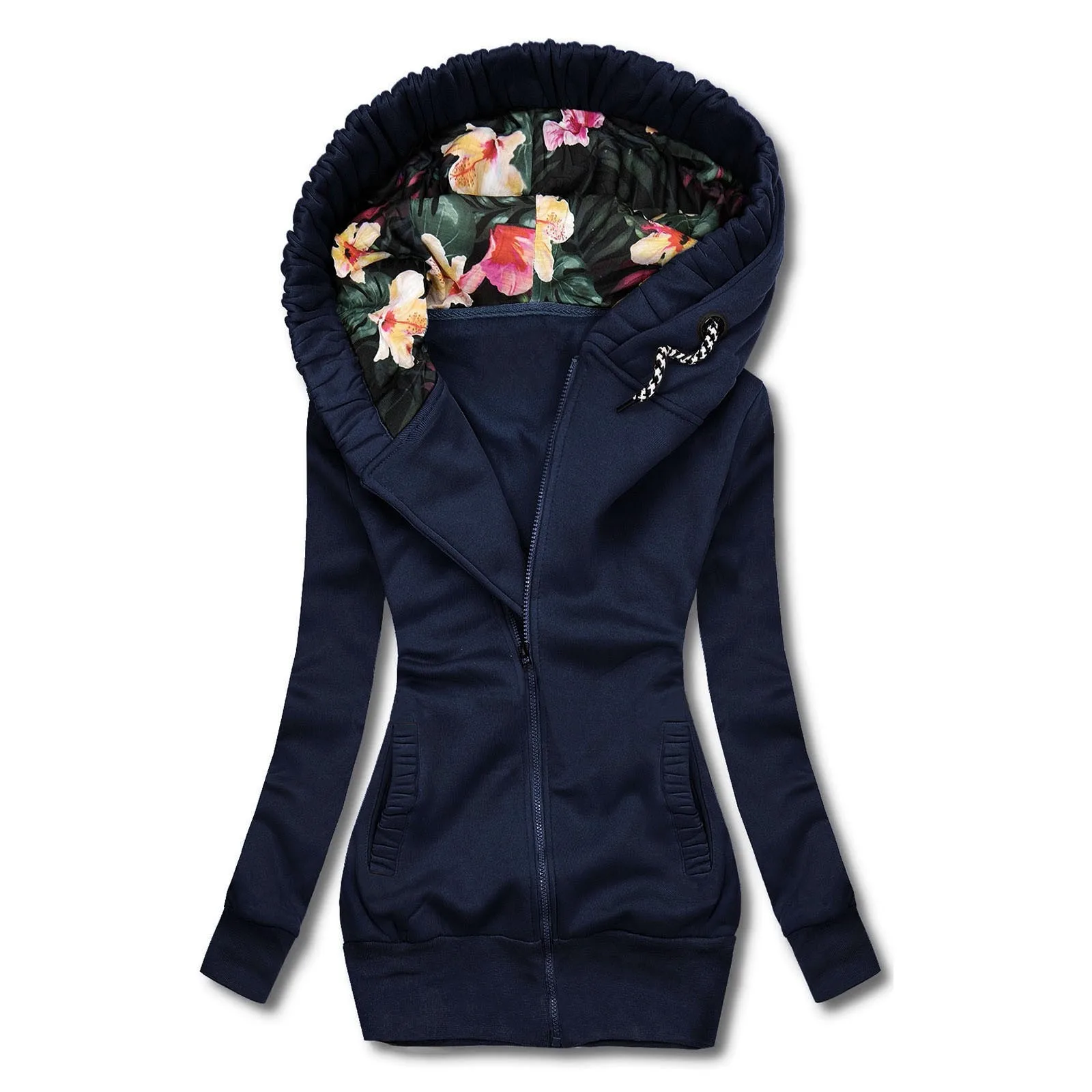 

Women's Autumn And Winter Flower Printed Hooded Slim Fit Pockets Zipper Jacket Long Sleeve Daily Casual Female Outwear