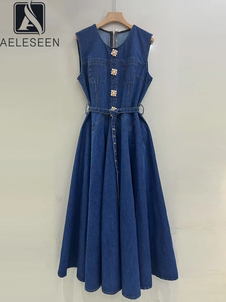AELESEEN элегантное синее джинсовое платье женское летнее без рукавов с