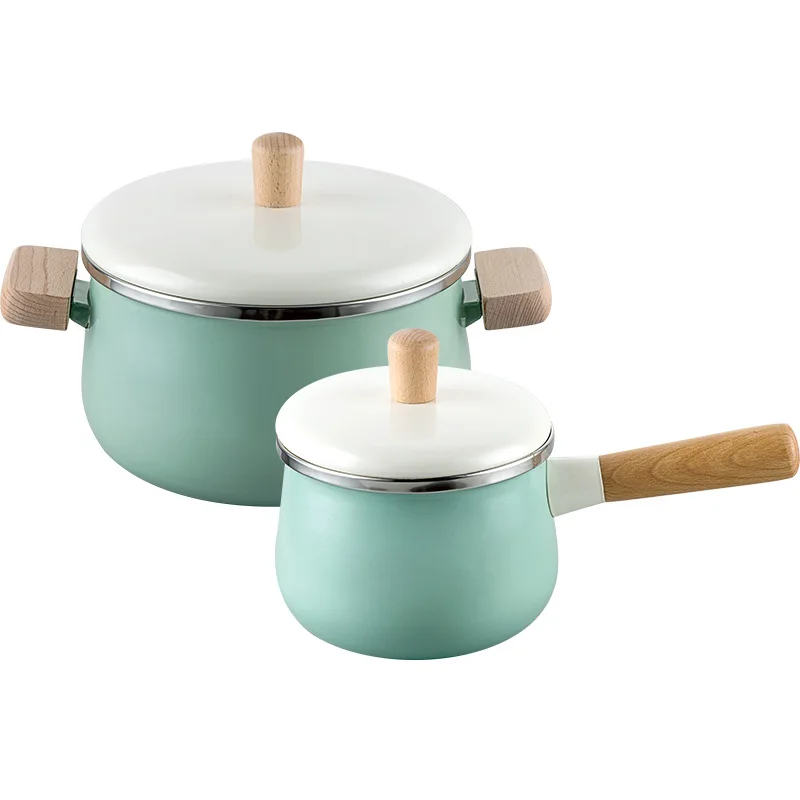 

Kitchen Cooking Pot Set 3.3L Saucepan Enamel Cookware with Wood Handle Ears 1.8 Milk Pot Pink Green Pan Set Free Shipping Items