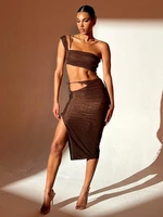 sunny y j y2k bandage 2 piece set women one shoulder ruched tank topsside hollow split skirts matching clubwear skinny outfits