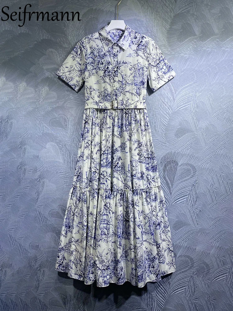 Seifrmann High Quality 2023 Summer Women Fashion Runway Long Dress With Belt Short Sleeve Vintage Print Cotton Ruffles Dresses