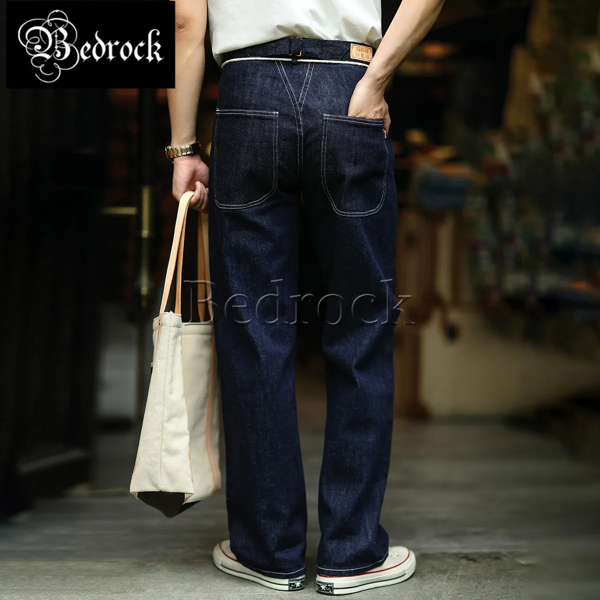 MBBCAR 14oz retro embryo cloth selvedge one washed officer desizing wide-leg cattle jeans Amekaji red line denim jeans men 7392
