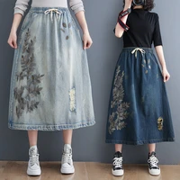 elegant embroidery floral womens denim skirts casual loose stretch waist long skirt vintage a line drawstring ripped saia jeans