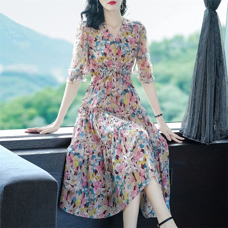 Summer Dresses for Women 100% Silk Floral Dress Short Sleeve Long Dress Elegant V Neck Casual Dress Ladies Vestidos Robe Femme