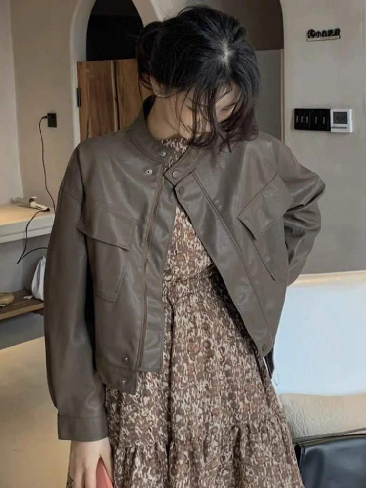 Autumn Korean Cropped Leather Jacket Women Black Thin Loose Casual Motorcycle Jacket Female 2022 Winter Streetwear Lady Chic Top