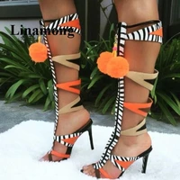 2022 hottest fashion geometroc rome style colorblock hairball t tied sexy thin high heel women sandals summer boots sandals