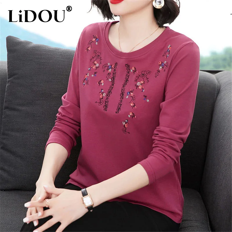 

Spring Autumn Loose Embroidered Solid Color Wild Tops Women Tees Long Sleeve Pure Cotton Pullovers Bottoming Chic Female Shirt