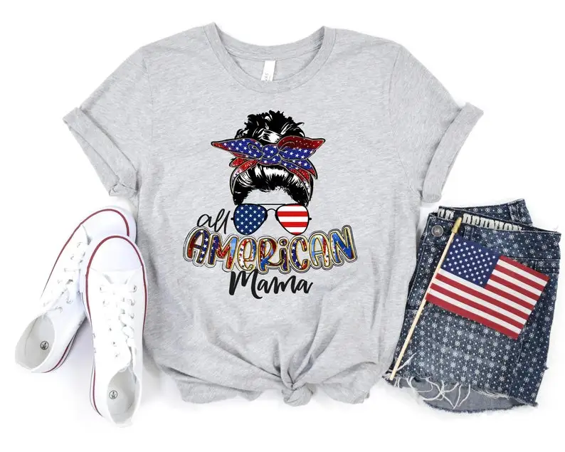 

4th of July All American Mama Shirt Fourth Of July T-Shirt Independence Day Tees graphic t shirts y2k aesthetic