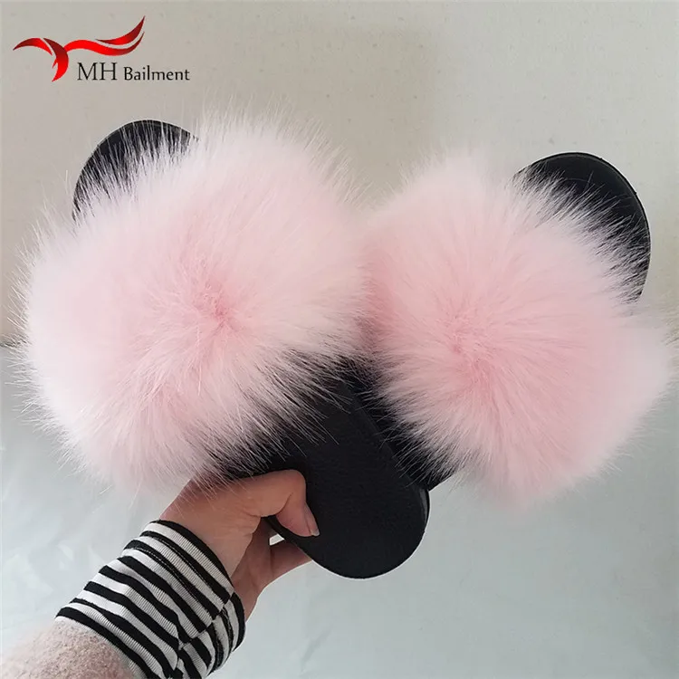 Large Flully Fur Slides For Women Indoor Shoes Faux Fox Fur Slippers Plush Sandals Flats Woman Raccoon Fur Flip Flops