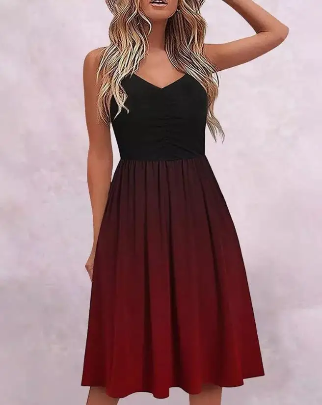

Fashion New Ombre Ruched Dresses V-Neck Sleeveless Design 2023 Casual Tie Dye High Waist A Line Party Dresses Female Vestidos