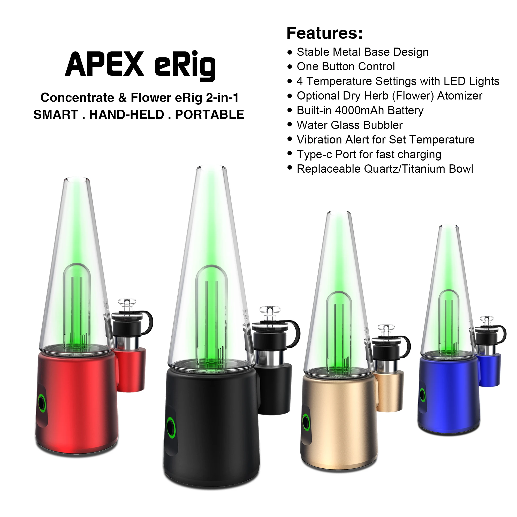 

APEX eRig Electric Nail Dab Rig Starter Kit 4000mah Battery 4 Heat Settings Enail Wax Concentrate Shatter us Dabcool W2 DabRig