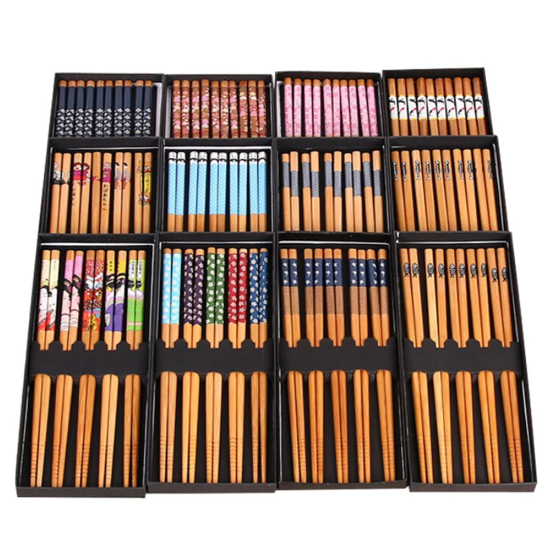 

5 пар китайских домашних кухонных бамбуковых палочек для еды, натуральные прочные многоразовые палочки с цветами, милые деревянные палочки ...