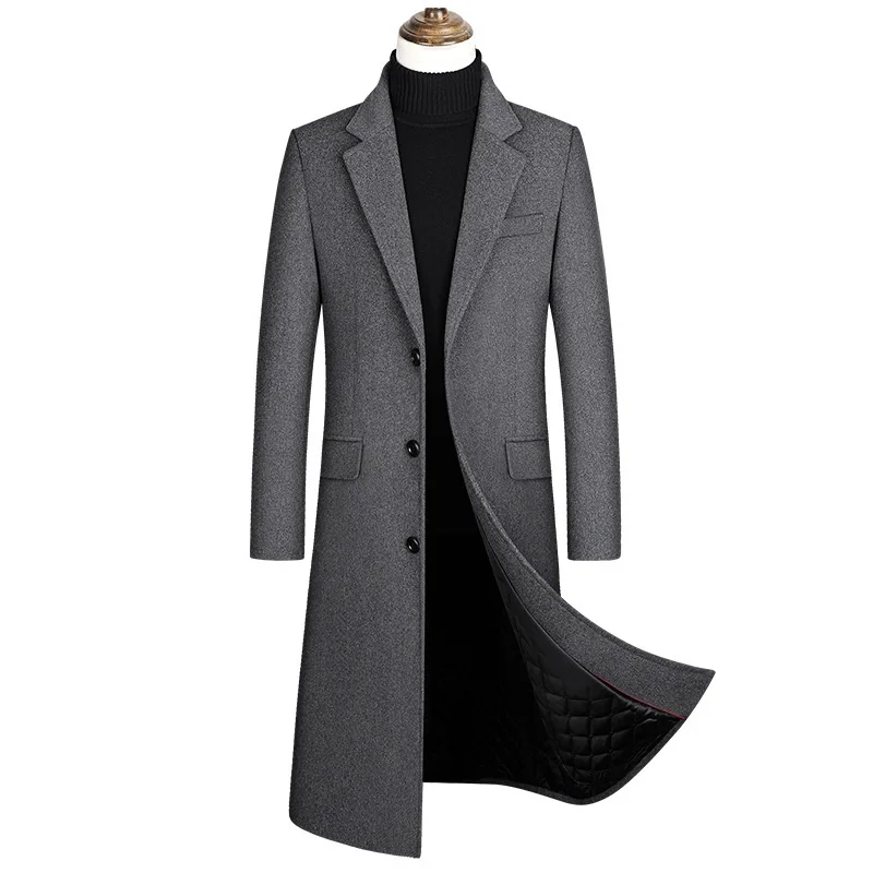

Autumn Winter Long Trench Coat Men Smart Casual Padded Warm Windbreakers Wool Blends Overcoat Men Single Breasted Men Jacket