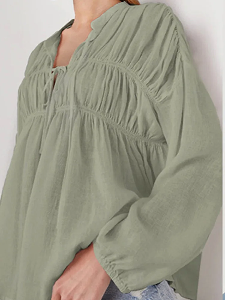 

Женская плиссированная Однотонная рубашка на шнуровке, топы, Новинка лета 2023, женский свободный пуловер с V-образным вырезом и рукавами-фонариками, блузка, топы