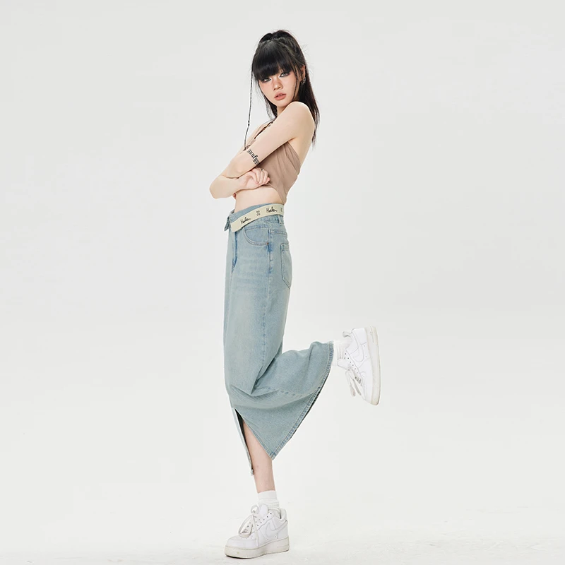 Real time photo of denim skirt for women in summer nostalgic blue commuting retro ruffled embroidery letters high waisted slim