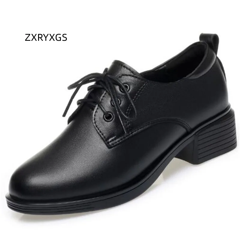 

ZXRYXGS 2023 Spring Autumn Soft Sole Non-slip Thick Heels Large Size Premium Genuine Leather Women Comfortable Elegant Mid Heels
