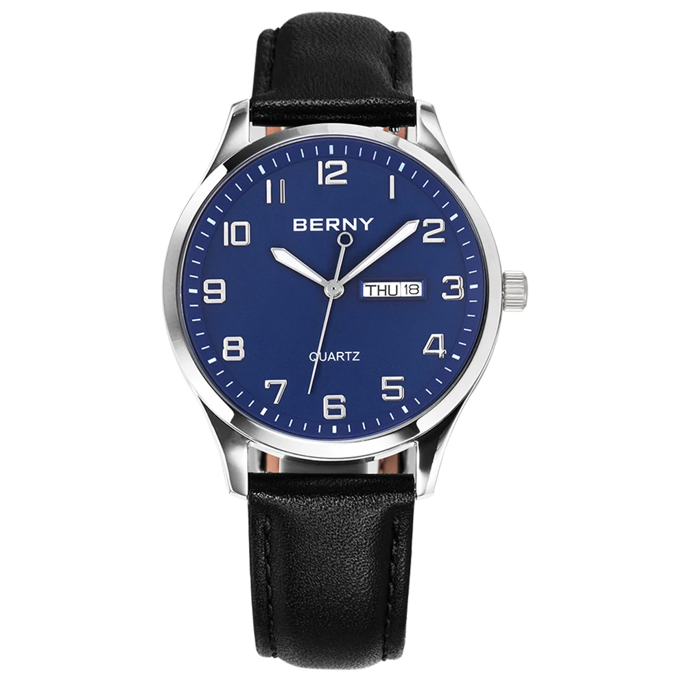 

BERNY Citizen 2105 Quartz Watch for Men Business Male Wristwatch Date Calendar Genuine Leather Classic Men Watches Waterproof