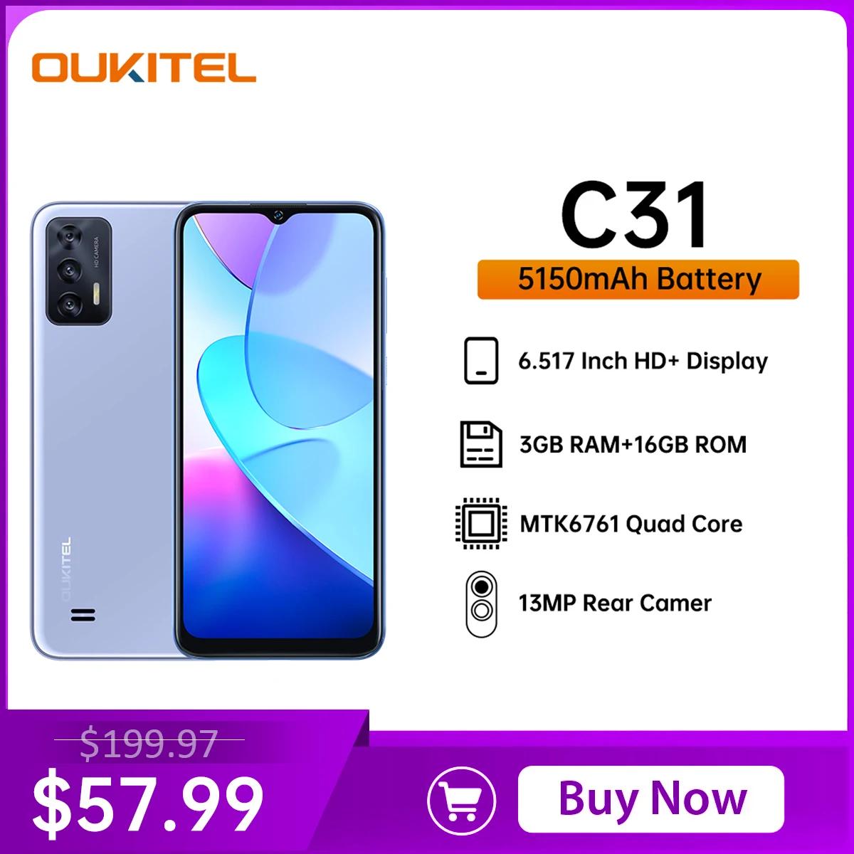 OUKITEL C31 Android 12 Smartphone 6.517 Inch HD+Display 3GB 16GB Cellphone 13MP Triple Camera Quad Core Mobile Phone 5150mAh