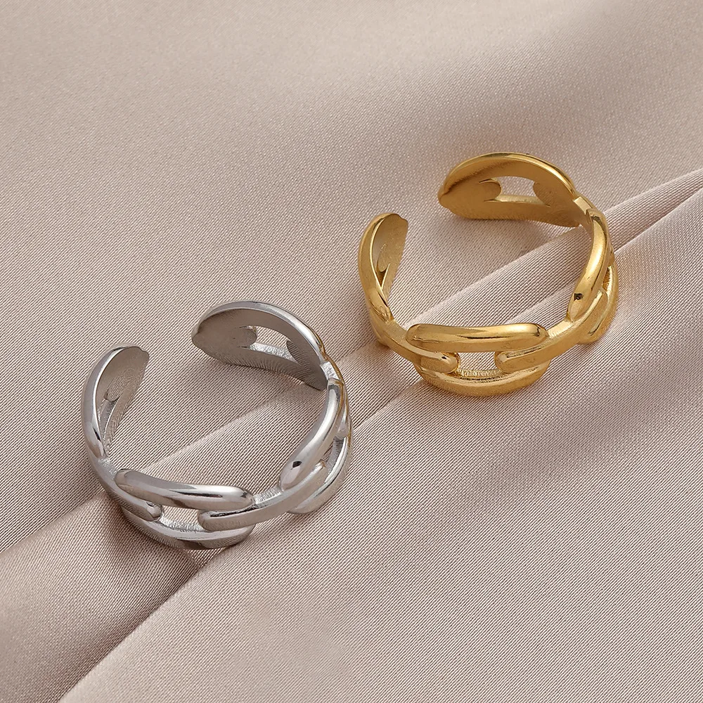 

Punk 18K Gold Plating Adjustable Stainless Steel Cuban Chain Rings Titanium Steel Link Chain Rings for Women Girl Gold Ring