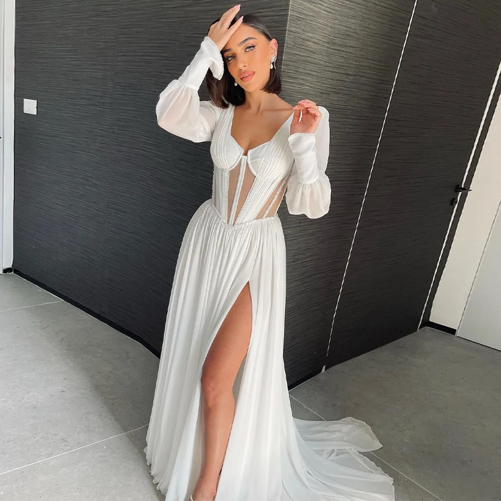 

Sexy Wedding Dress Long Puffy Sleeves V Neck A Line Beach Wedding Gowns Ivory Chiffon Beading Thigh-High Slit Summer Bridal Gown