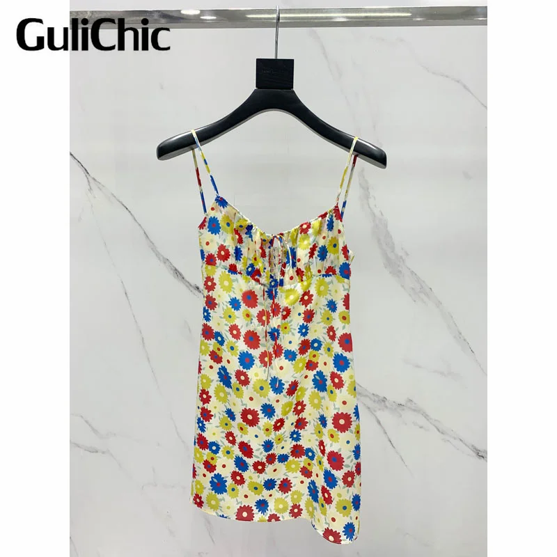 5.10 GuliChic Holiday Fashion Print Spaghetti Strap Sleeveless Folds Elastic Sexy Silk Mini Dress Women