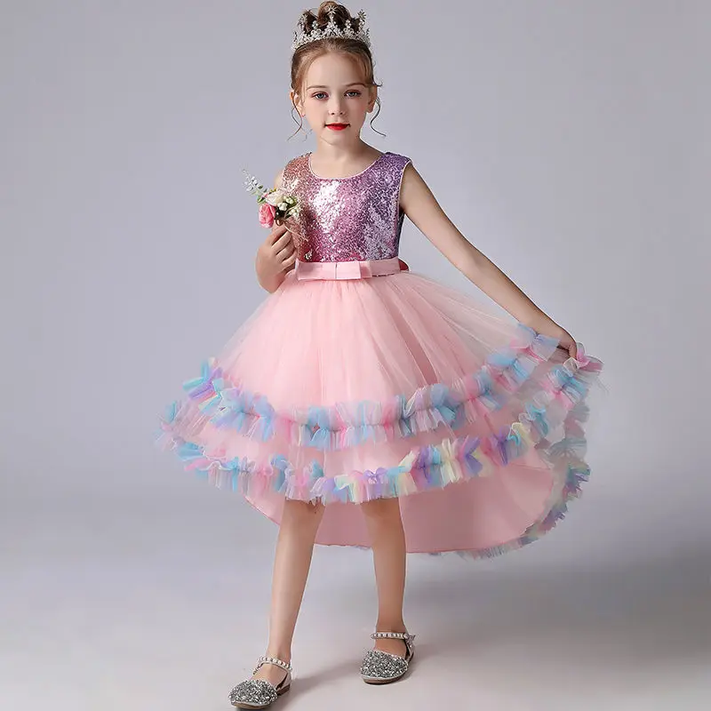 

Радужные блестящие пышные платья для детей, платья принцессы с цветами для девочек, короткие платья спереди, Длинные Сзади, вечерние платья ...